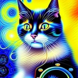 Dibujo al oleo de un gato con nubes de colores estilo Vincent van Gogh