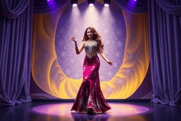 modern stage with gray-dark yellow blueish violet theme artistic decoration , color full dynamic lighting, a beautiful lady in maxi dress with shining silver jewels ,curvy long hair,dancing, 3D recursive fractal structure animating background