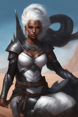 Fantasy art, woman amazone, white hair, beautiful woman, black armour, desert background, black skin, blue eyes