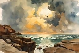 Clouds, rocks, cliffs, rocky land, sci-fi and fantasy, beyond and trascendent, 90's sci-fi movies influence, winslow homer watercolor paintings