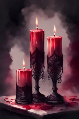 watercolor three burgundy vintage candles with black lace and rubies, Trending on Artstation, {creative commons}, fanart, AIart, {Woolitize}, by Charlie Bowater, Illustration, Color Grading, Filmic, Nikon D750, Brenizer Method, Side-View, Perspective, Depth of Field, Field of View, F/2.8, Lens Flare, Tonal Colors, 8K, Full-HD, ProPhoto RGB, Perfectionism, Rim Lighting, Natural Lighting, Soft Lighting, Accent Ligh