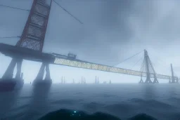 oakland boat port in california, urban , slums , view of port from the sea, bridge in background , fog , realistic, unity, scriptable render pipeline , cinematic lighting.