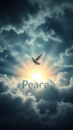 A white Dove flying above swirling clouds, emerges from the heart of a raging storm. Turbulent winds of steam swirl around the sun lit by shafts of sunlight that cast dramatic shadows on the A beautiful sun , 3D word “ Peace “ High quality 16k cinematic scene and great photography