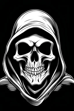 line art drawing of a skull wearing a hoodie. The hoodie has the outline shape of a ghost. The image should have simple solid shapes and be perfectly symmetrical from left to right. Reverse the image so it is black.