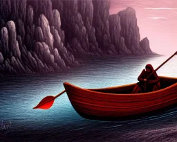 Charon the ferryman in his boat on the river Styx, red black purple colours, 8k, high definition, fantasy art, winding river, sharp jagged rocks, high contrast colours, sharp detail,