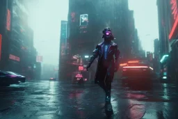 3D, beautiful, light reflecting, empty future city at night, rainy night, neon, cyberpunk, tron, person with helmet walking