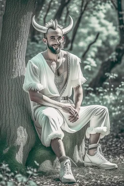 full body view, photography of a mythical satyr, a half man, half goat in the forest, eyes squinting, horns like a male goat, in the style of glitter pastels, grey goatee, ruddy weathered, hairy man face, lower body is a goat with goat legs and hooves, smiling, sitting on a tree stump