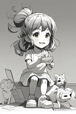 little girl playing with a toy very happy , Colloring page for todlliers ; basic hawali style cartoon , black and white , ink outlines , , smooth , anime style , minimalist , cute eyes , full body , white shose , sketchbook , realistic sketch , free lines , on paper , character sheet , clean line art high detailed