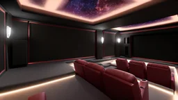 Generate an image of a sleek home cinema with projectors and surround sound systems with a star-lined ceiling similar to a Rolls Royce in a high-rise penthouse