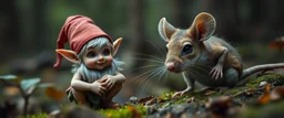 close up on pixie elf gnome and a goblin intense huge funny mouse, with background motion blur, in magical forest scene, in the style of Rembrandt