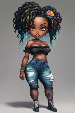 create a colorful abstract pop punk art image 8k of a chibi curvy black female wearing torn jeans pants and a black-tie dye off the shoulder blouse. Prominent make up with hazel eyes. Highly detailed long Senegalese twist in a hair wrap