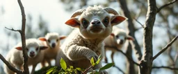 close up on member of sloth gremlin sheep flock climbing trees