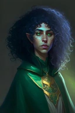 Female moon elf twilight cleric in a dark green robe with blueish curly hair and golden eyes