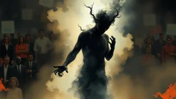 Abstract surreal scene of a human soul in conflict — a figure dissolving into shadows and smoke, body torn into shards of light and darkness. Shapes twist and melt like oil paint, forming ghostly hands and distorted faces emerging from the fog. The background is a blur of noise, chaotic patterns and faceless crowds, symbolizing the indifferent outside world. A haunting, dreamlike composition that captures isolation, inner demons, and the silent struggle of anxiety. Painterly, surreal, atmospheri