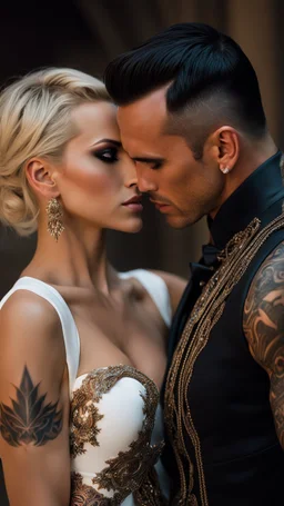 Jason david frank muscular male with short dark hair and tribal tattoos, wearing a designer suit, whispering in ear of young blonde woman, with short hair, wearing white wedding dress. fantasy, hyper realistic