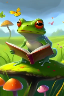 Dibujame una rana comiendo una hamburguesa y leyendo un libro junto a un hermoso ave de muchos colores y hermosas alas en un hermoso campo de un planeta lejano