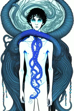 16 year old boy warlock with milky blue eyes, and lamprey tentacle growing out of his belly. in the style of Harry Clarke