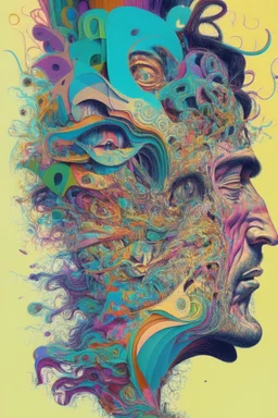 "Chaos Is Our Mental State"; Side Profile Of A Human Head Full Of A Chaotic Whirlwind Of Faces, Symbols, Words, And Products; Pop Art; Surrealism; Salvador Dali, Alex Pardee, Insanely Detailed; Intricate; Award-Winning; Bright Pastels