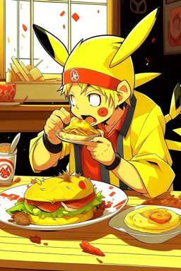 Naruto eating a steak with pikachu