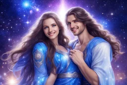cosmic women couple of beautiful women with long hair, light eyes and blue brightness tunic, with a little sweety smile, with his boyfriend as a sweety strong cosmic warrior in peace. in a background of stars and bright beam in the sky