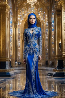 Gorgeous photography fulll body stand pose Beautiful super model Iranian islamic hijab dressing Luxury crystal diamonds sapphire diamonds ,colorful art conceptual, amazing artwork,close-up portrait,luxury Royal Palace background