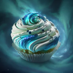 cosmic muffin in space, delicious galactic cream vortex, 8k resolution, photorealistic, ultra detailed, green and blue