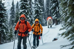 picture of two snowshoers in a Alpine forest, serious, far behind the snowshoers in background is a Yeti monster walking, photobomb, photoreal HD quality, everything in sharp focus high depth of field