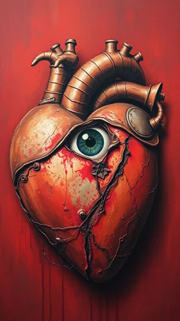 Bosch style painting , A 3D eye coming out of the middle of a rusty metallic open heart in details on red bloody background