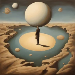 person alone in planet,cover art, surrealist painting called 'today I am thinking about time by dali and picasso and magritte and Breughel