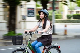 girl driving a pretty bicycle in street tress ai sides