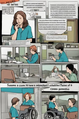 **Content Art:** Develop a comic strip series featuring women and disabled individuals navigating various scenarios safely and confidently. The series could address common safety concerns and provide tips on how to avoid scams during placements or interviews. **Appearance:** content art ideas that encapsulate the themes; "importance of First Aid training, safety and protection of women and individuals with disabilities or special challenges, and awareness against placement / interview scams, wor