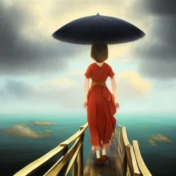 view from behind of japanese girl with bamboo umbrella looking up a break of white clouds and sunlight in the middle of a stormy sky, wooden walkway, ocean, 8k, high-quality, ultrafine-detail, intricate, digital painting, brian froud, howard lyon, selina french, anna dittmann, annie stokes, Greg Rutowski