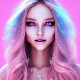 beautiful, soft, big smile face, whole head, long straight blonde hair blues eyes, crown on the head, clothing in transparent bluish and pink veil, background brillante bluish and pink, hight definition, 8K