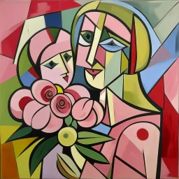 piccasso cubism pink woman and child with flower