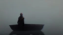 black robed monk in a small boat on quiet water in the mist