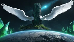 matrix universe, space, planets, god creation, angels from other dimensions with beautiful wings, trees on the planet, behind green crystals of light, few tiberium monolith deposits on the planet near tree,