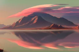Lake reflection, distant exoplanet in the horizon, boat, mountains, sci-fi, lesser ury painting