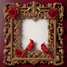 An ornate vintage picture frame crafted from antique gold with intricate baroque scrollwork and delicate filigree details. Vibrant red cardinals with black-masked faces perch gracefully along the ornamental corners and sides, while ethereal white-winged angels with flowing robes are nestled between the decorative flourishes. The frame's bottom edge features elegant cursive script in deep burgundy that reads "When Cardinals appear, Angels are near" flowing seamlessly along the golden molding. Sof