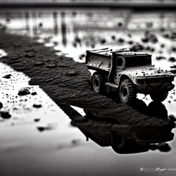 photorealistic shot, muddy military toy truck, monotone color palette, sharp focus, puddle reflection, tire water splash, refraction, mist on the horizon, shadowcast, detailed and intricate, cinematic composition, micro, tilt shift photography