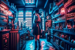 full-height shot of a young witch in a tight black short skirt, inside a large magic shop, shelving, bottles, windows