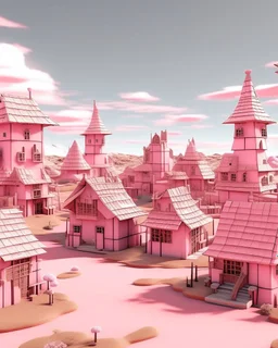 A light rosy pink old town with windmills designed in Moai statues painted by Guo Xi