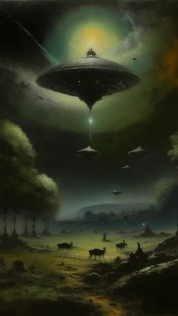A black outer space with UFOs made out of iron painted by George Inness