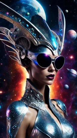 Full body. A captivating and vibrant image of an extraterrestrial being, perfectly suited for a futuristic cover. The alien sports a stunning metal headdress, with intricate designs that perfectly match his elegant silver face. Her retro-style oversized sunglasses are adorned with miniature stars and planets, accentuating her otherworldly charm. Against a dark cosmic void, the background displays a fascinating dance of vivid colors, evoking a sense of movement and cosmic energy.