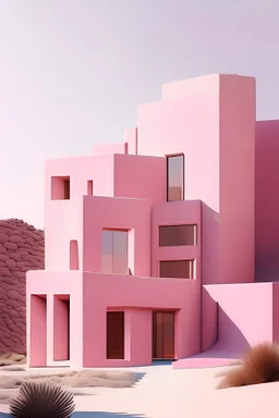 diseñame un edificio de pocos niveles que inspire tranquilidad y paz, que tenga colores cálidos y que tengan buenas vistas, que sean de piedra rosa, un tanto monumentales y que pueda funcionar de clínica, que recuerde a la calma de las olas del mar de california y que tenga una fachada única que sea distintiva y memorable. que no tenga bordes rudos y que sea una figura algo curva