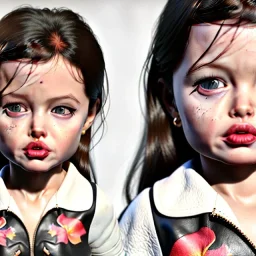 Angelina jolie toddler, full body, leather jacket, floral shirt, floral skirt, shoe, soft skin, dramatic lighting, hyper realistic