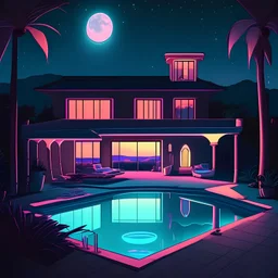 night falls on a villa with a pool outside which has light inside and jakuzzi and television is on inside can be seen cartoon vampire futuristic world