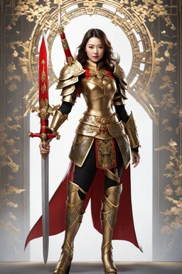 Full body Realistic photography,front view, Beautiful Queen Warrior super model Pretty European Chinese Woman, brown hair,dressing luxury party gown,looking at viewer,traditional dress ornaments mechanical armor china traditional, intricate armor, delicate golden shine bright, black metalic parts, detailed part, jewelry diamonds,dynamic pose,abstrac background, dynamic lighting, red hour, full body portrait