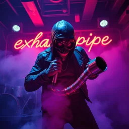 A exhaust pipe performing at dance club, his name is "exhaust pipe" and looks crazy, looks very aggressive look, Neon lights and smog, Im a "exhaust pipe" SIGN ON WALL