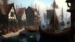 gothic medieval harbour with ships, piers, houses, shops, inns, balconies, plants, people, market