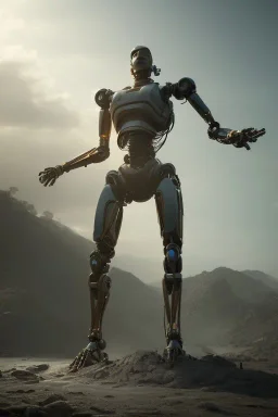 Human looking at a robot, sci-fi fantasy style, volumetric lighting, particales,highly detailed,cinamatic, deep colours,8k.